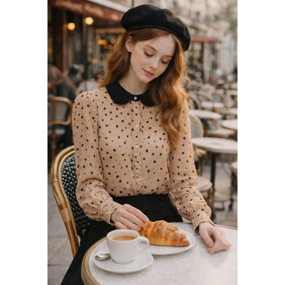 Polka Dot Peter Pan Collar Blouse Coquette Parisian Sheer Top XS